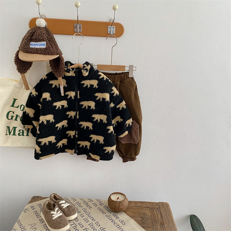 Close-up of the extra soft bear fleece fabric on a kids' winter vest