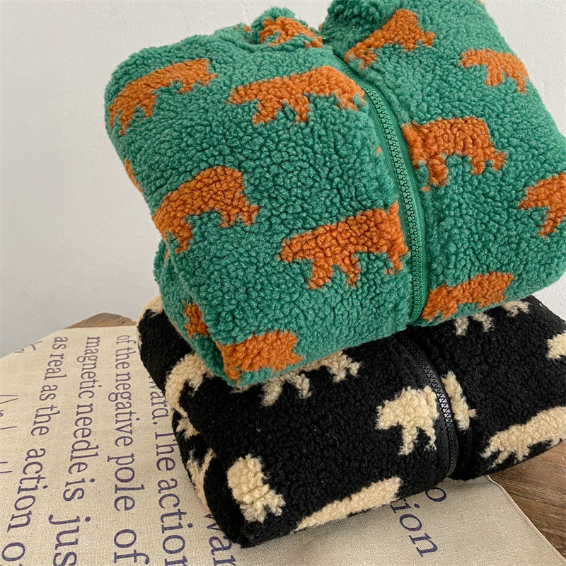 Kids' outerwear: plush bear print fleece vest, perfect for play and warmth