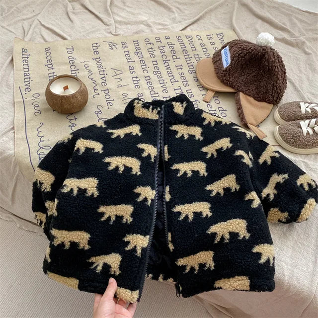 Back view of a cozy bear print fleece vest for children, essential winter wear