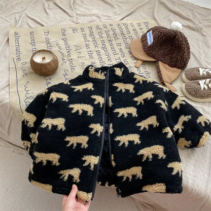 Back view of a cozy bear print fleece vest for children, essential winter wear