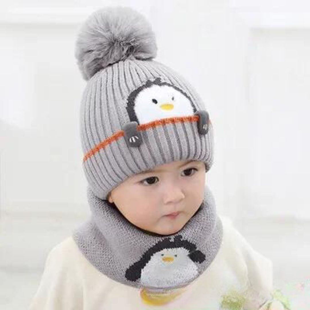 Children's winter clothing set: black and white penguin character hat and comfy neck scarf