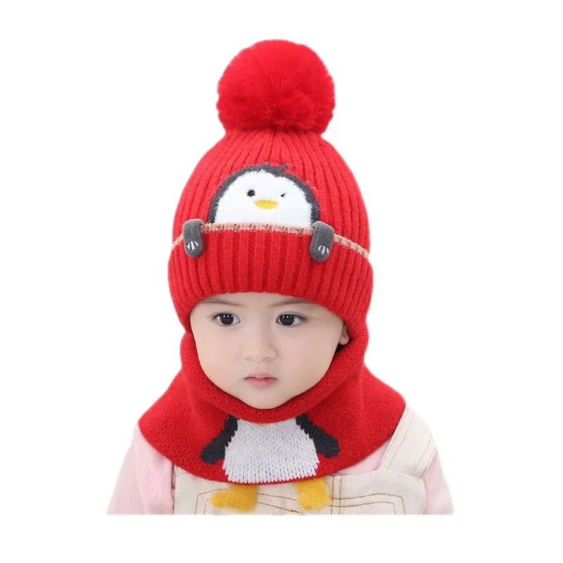 Unisex kids' winter hat and scarf set, black and white penguin design, ideal for toddlers