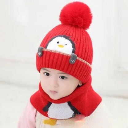 Infants' and toddlers' warm winter hat with embroidered penguin and long matching scarf