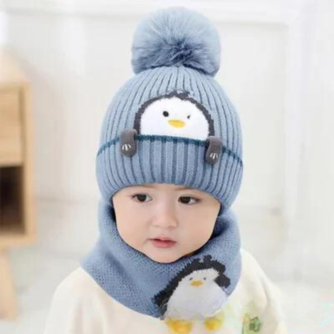 Cute penguin design kids' winter accessory set, includes a knitted hat with earflaps and a scarf