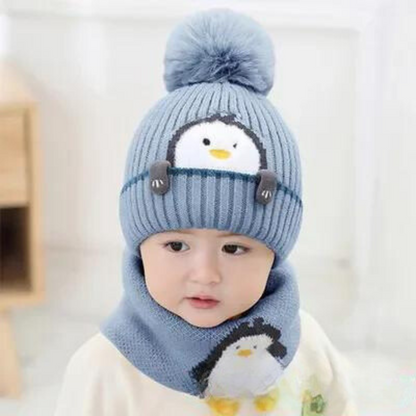 Cute penguin design kids' winter accessory set, includes a knitted hat with earflaps and a scarf