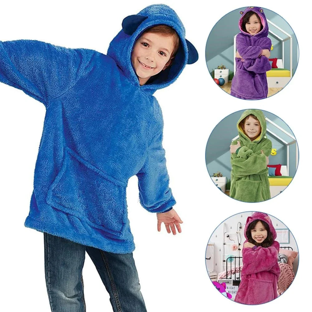 Unisex kids' animal hoodie blanket, soft plush fabric for comfy wear and imaginative play