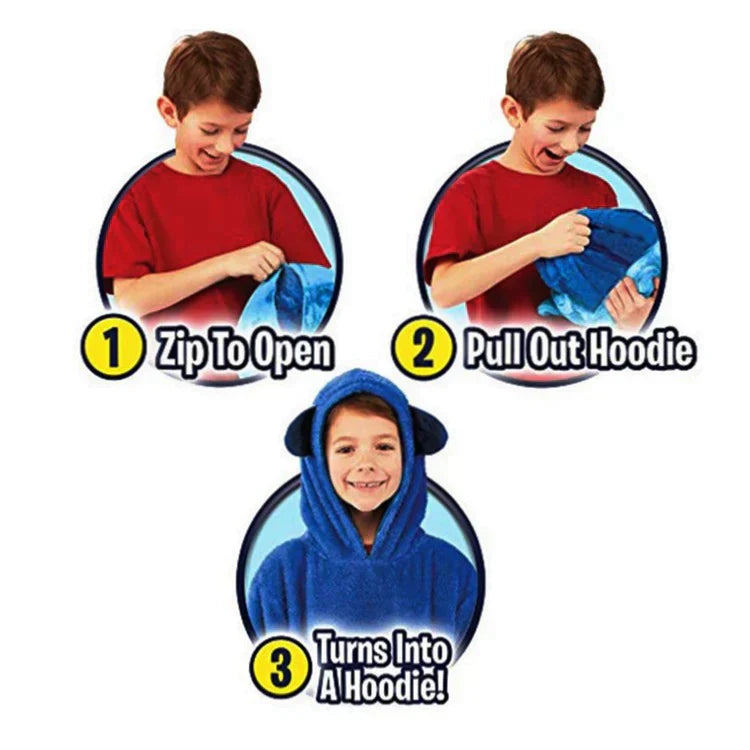 Versatile kids' plush animal blanket that transforms into a cozy hoodie, children's apparel