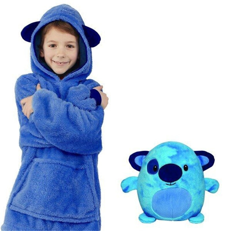 Stack of colorful plush animal hooded blankets, showcasing winter fashion for children