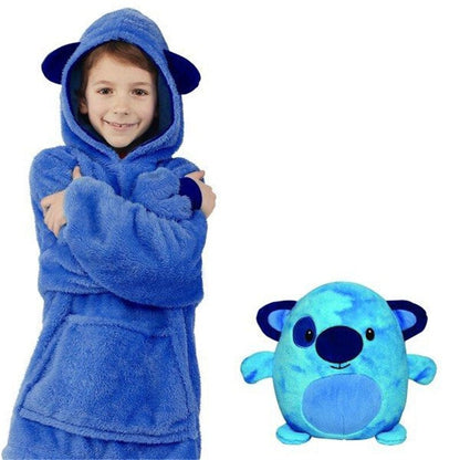 Stack of colorful plush animal hooded blankets, showcasing winter fashion for children