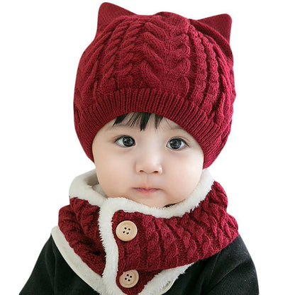 Infant's 'cute cat' knitted hat and scarf set, a warm baby essential for cold weather.