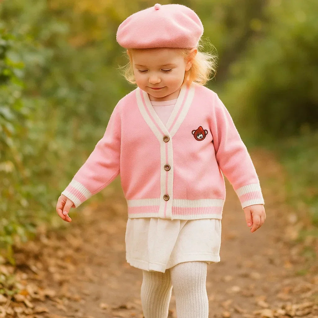 Adorable knitted bear cardigan for toddlers & kids, unisex fall outerwear with cute bear print.