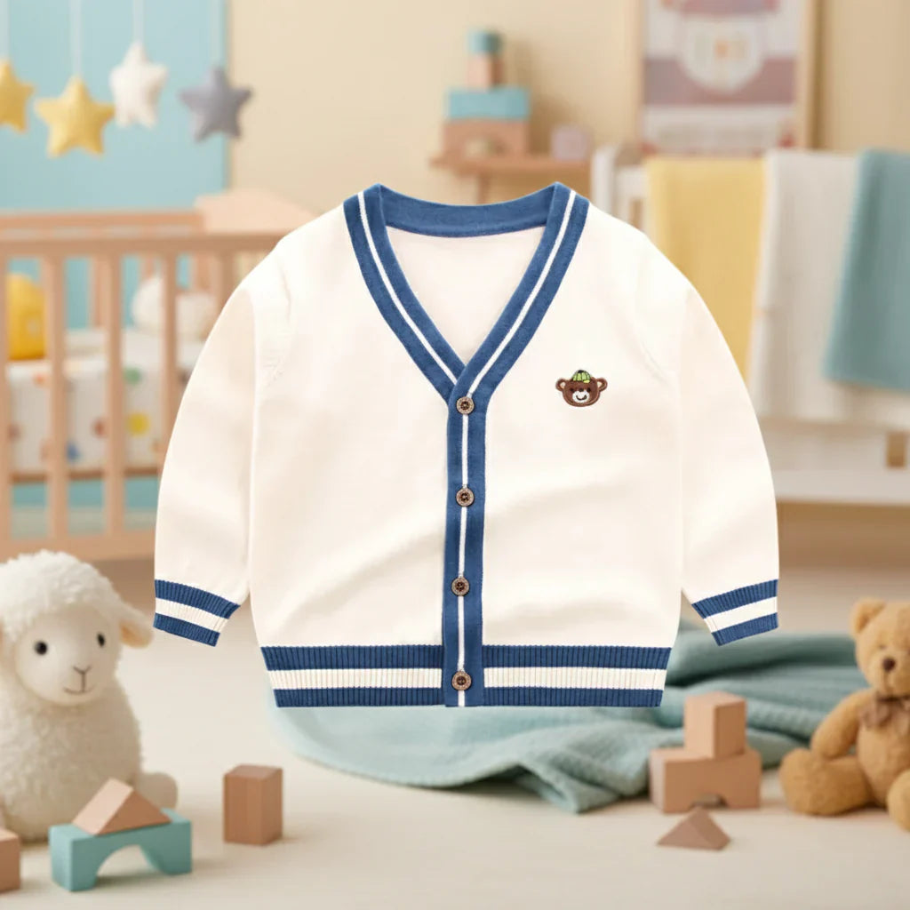 Stylish fall knitted bear cardigan for toddlers, unisex and perfect for layering over outfits.