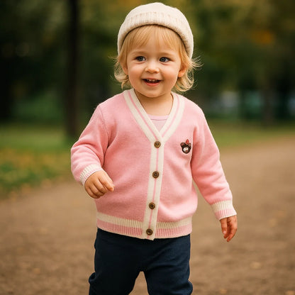 Charming bear print knitted cardigan, unisex kids outerwear, ideal for autumn comfort and style.