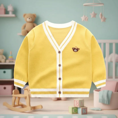 Warm knitted cardigan with bear design, versatile unisex outerwear for little ones in autumn.