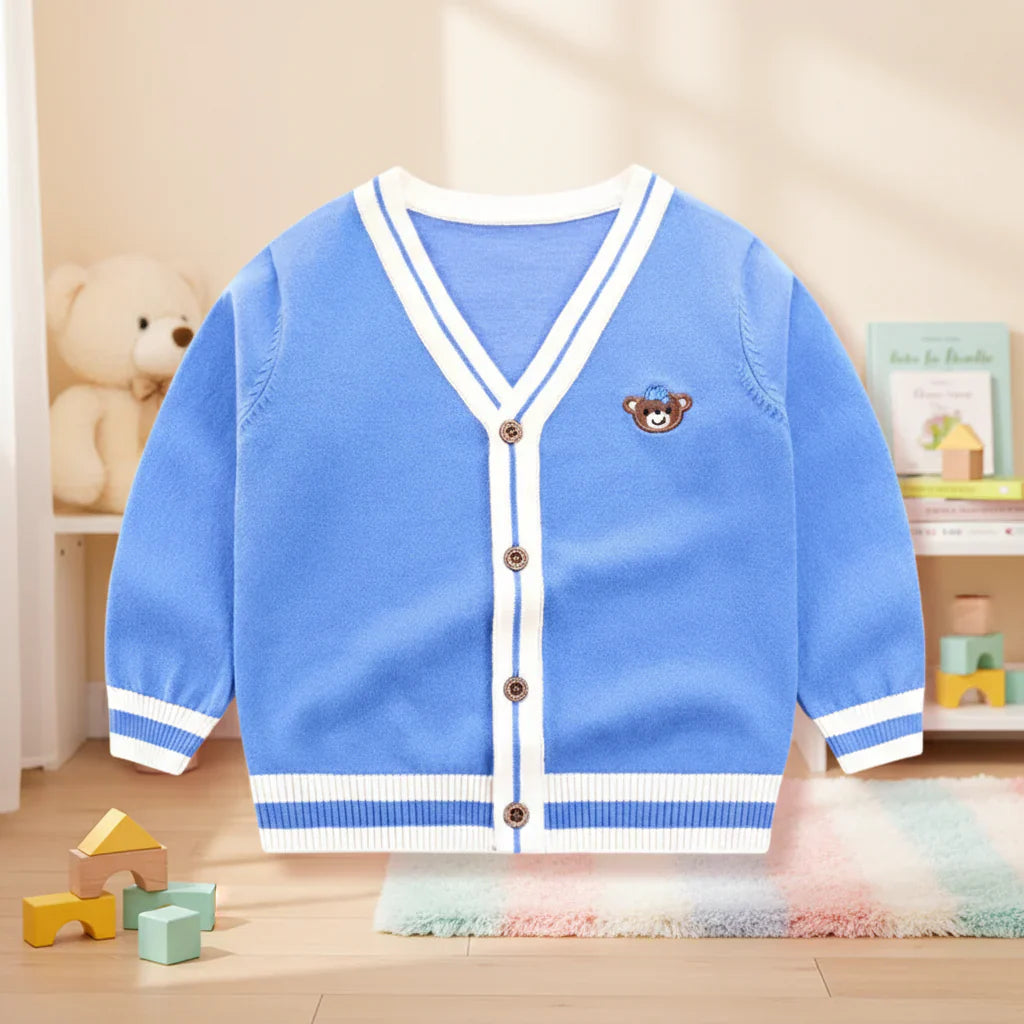 Premium knitted toddler cardigan with charming bear details, comfortable childrenswear.