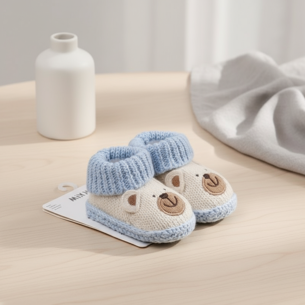 Fashionable non-slip baby booties with a decorative animal pattern, great for baby fashion.