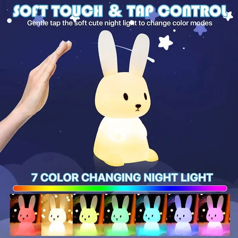 Soft silicone rabbit LED night light for kids room, portable and safe for bedtime