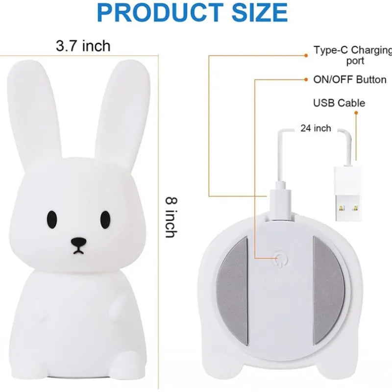 Gentle glow LED rabbit night light, touch controlled, ideal for baby's sleep environment