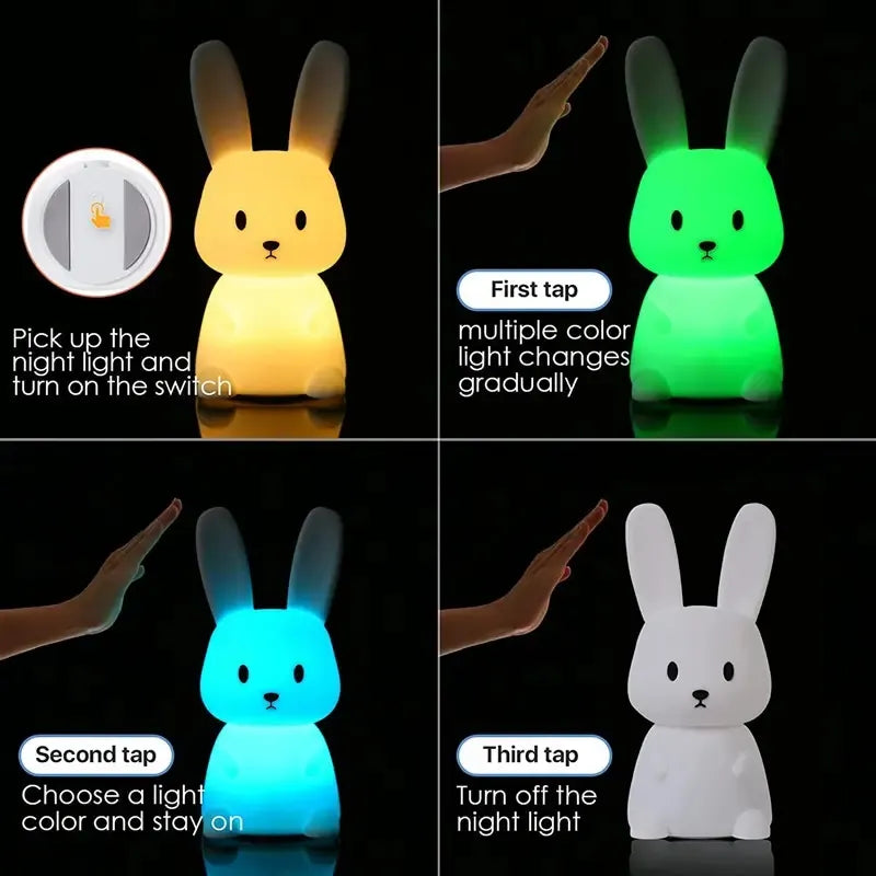 Cute rabbit shaped LED night light, touch activated and color changing for children