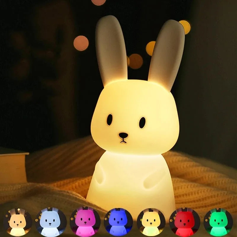 Portable LED rabbit night light, made of soft silicone, a lovely baby gift