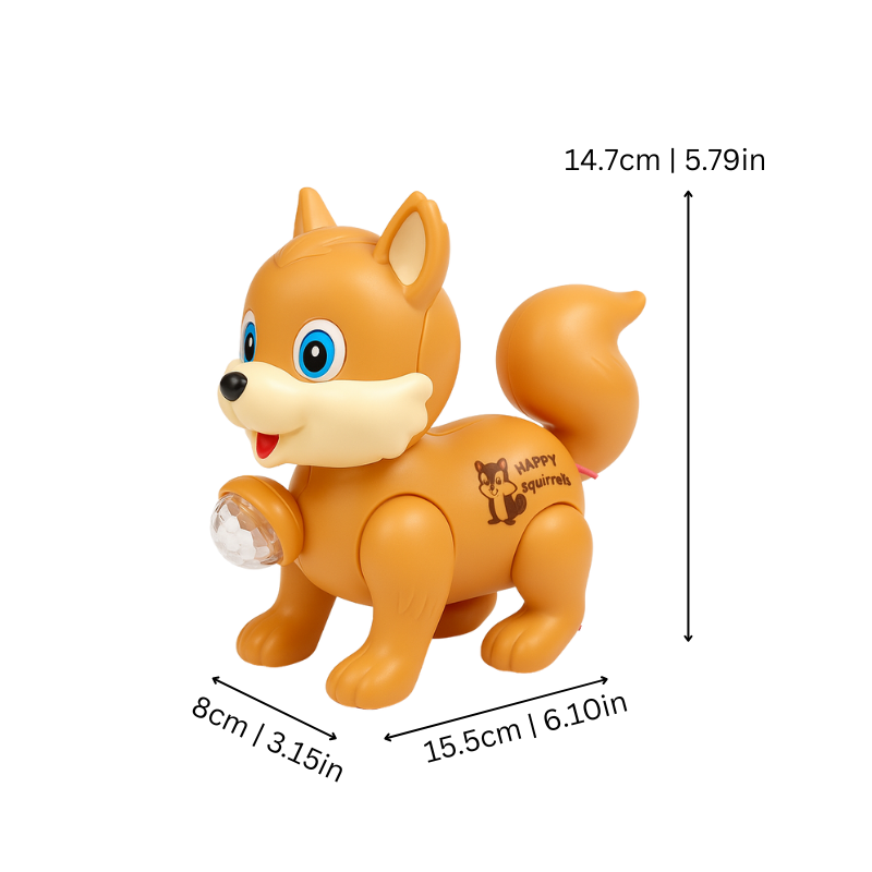 Toddler pulling a cheerful musical squirrel toy with flashing lights, encouraging early steps and interaction