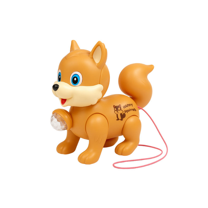 Close-up of a vibrant light-up musical squirrel pull toy, perfect educational gift for active kids