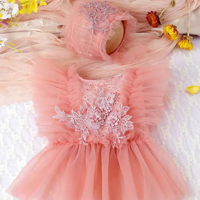 Adorable newborn baby girl romper set with pink floral lace and mesh, perfect for infants.