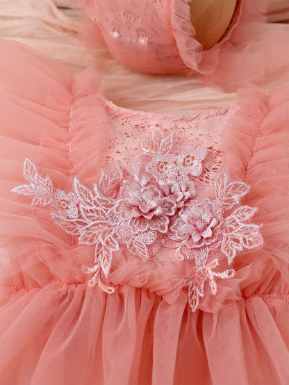 Soft polyester baby girl romper set featuring a beautiful floral lace and mesh design.