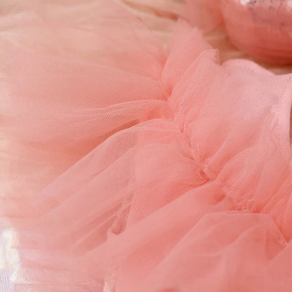 Back view of a charming baby girl's pink lace floral mesh romper, ideal for baby clothing.