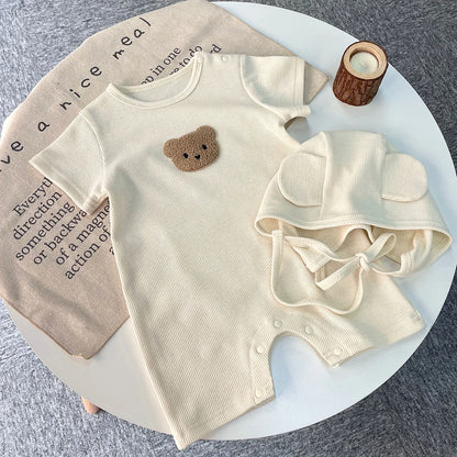 Back view of the adorable newborn bear romper, highlighting its comfortable fit.