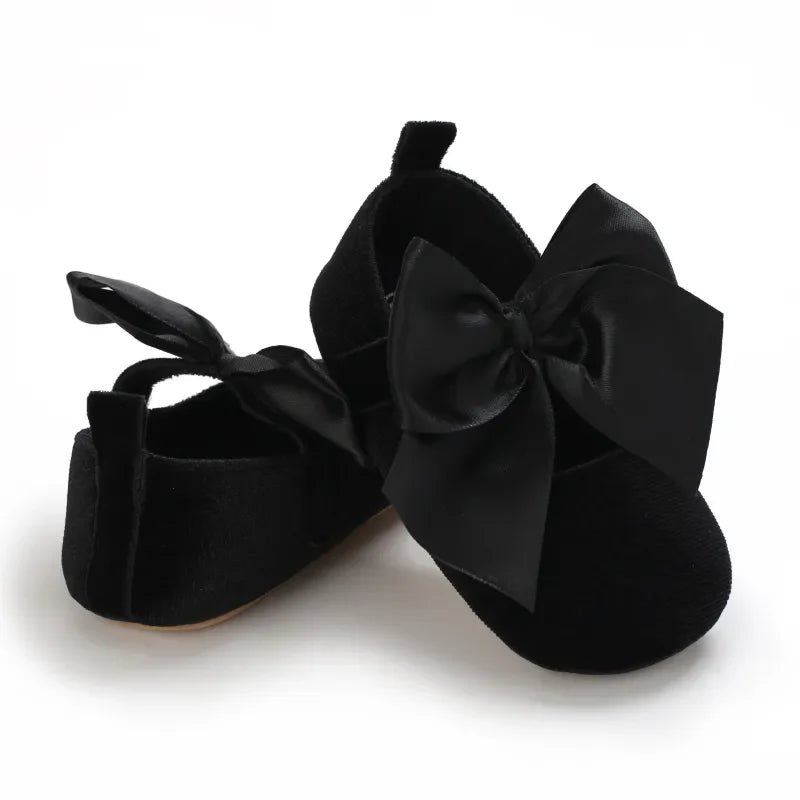 Light pink baby girl first walker bow flat shoes for infants, soft cotton anti-slip design