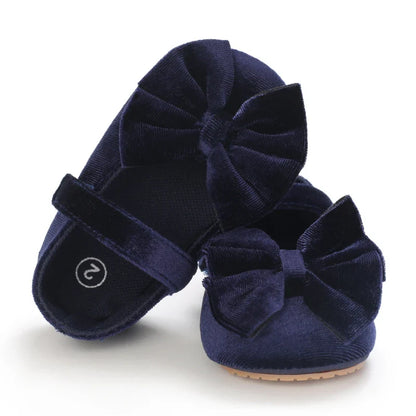 Purple baby girl flat shoes with bows, soft cotton, first walker anti-slip for infants
