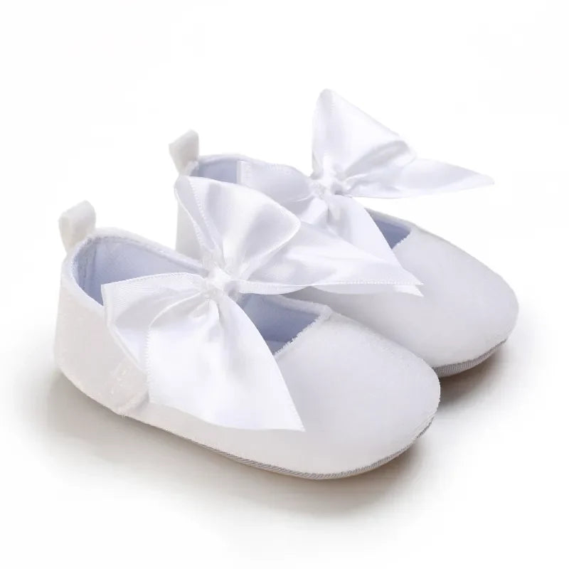 Beige baby girl first walker bow flat shoes, anti-slip sole, comfortable cotton baby footwear