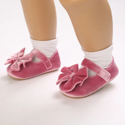 Yellow baby girl first walker flat shoes featuring a sweet bow, soft anti-slip sole, infant footwear