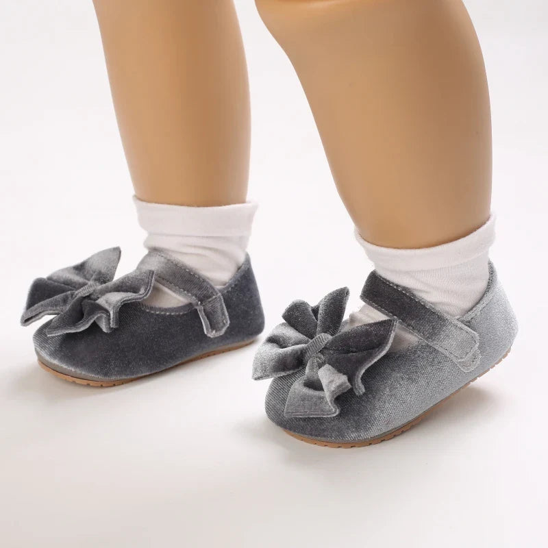 Baby girl's navy bow flat shoes, comfortable cotton first walker, anti-slip for safe steps