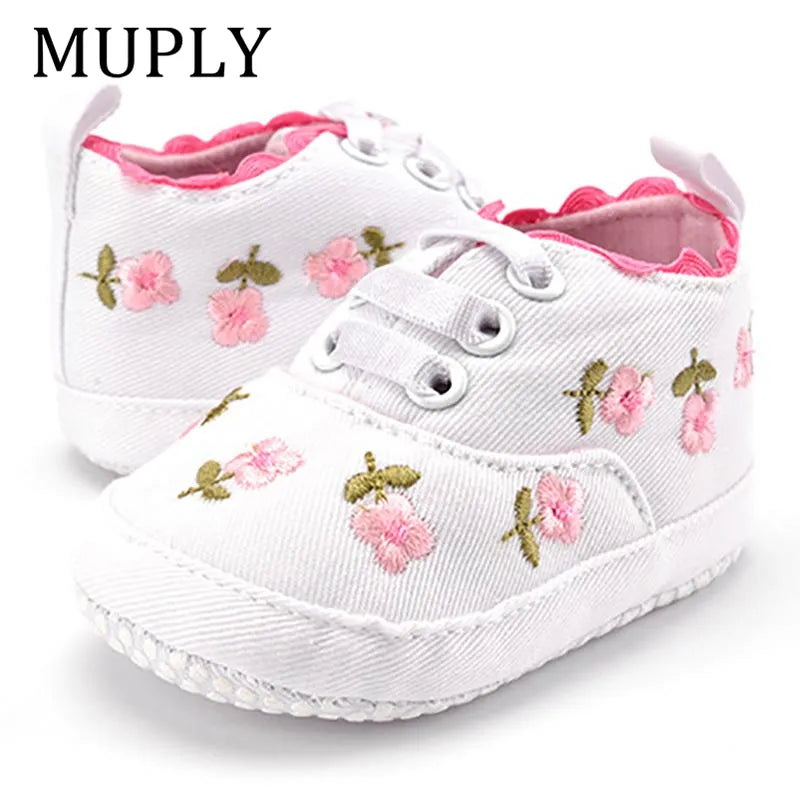 Sweet white lace floral first walker shoes for baby girls, ideal for newborns and early toddlers.