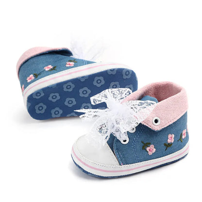 Detailed view of the ankle strap on white lace floral first walker shoes, secure and stylish for baby girls.