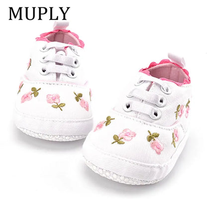 Charming navy blue baby girl's first walker shoes with elegant lace floral accents, cotton crib shoes.