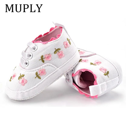 Close-up of the intricate lace floral design on pink baby girl's first walker shoes, soft and stylish.