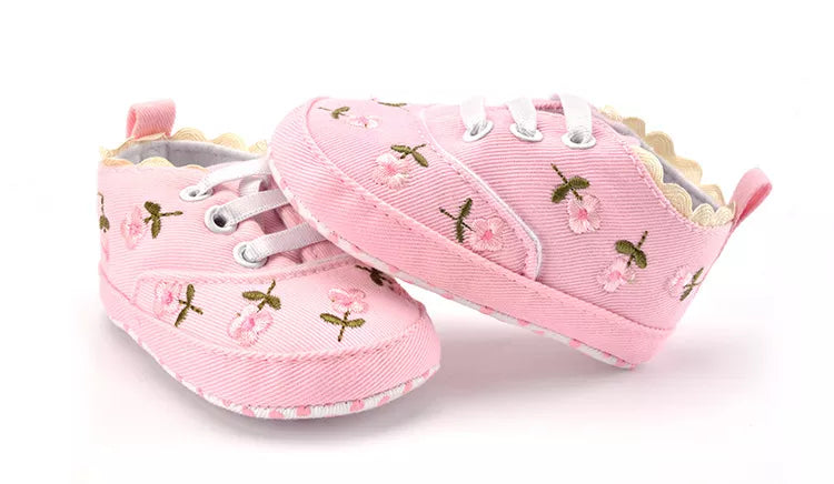 Navy blue baby girl's first walker shoes featuring detailed lace floral patterns, fashion-forward infant.
