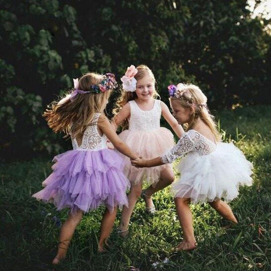 Adorable pink backless princess ruffle tutu dress for girls, perfect for parties and special occasions.