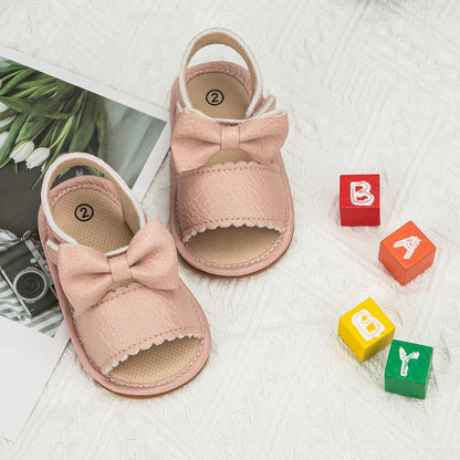 Cute white bowknot summer sandals for infants, comfortable PU leather footwear