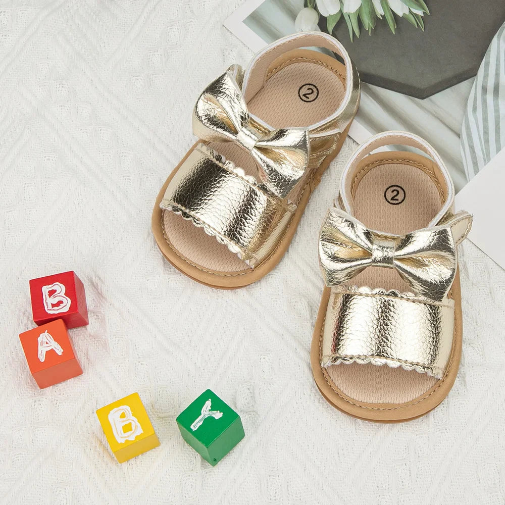 Baby girl's pink bowknot sandals, non-slip soft sole for first steps