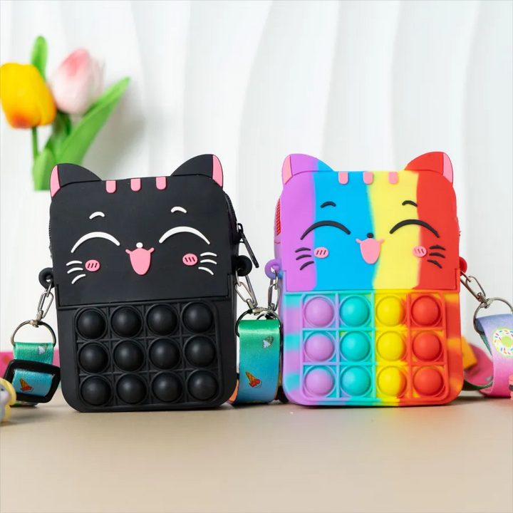 Adorable pink cat silicone messenger coin purse for kids, cute and fun accessory.