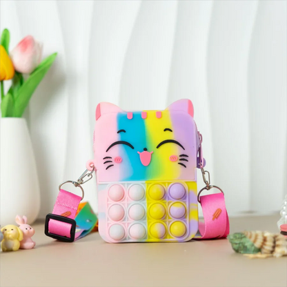 Side view of a yellow cat silicone messenger bag, highlighting its compact design.