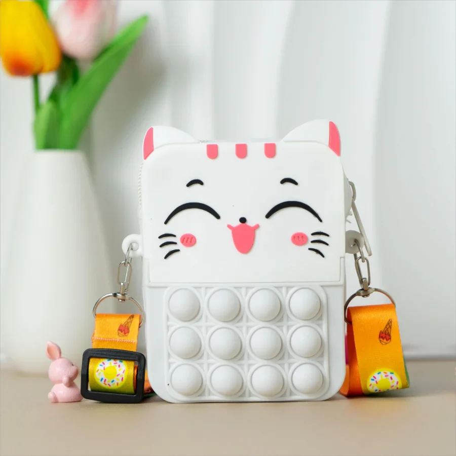 Detail of the strap on a purple cat silicone messenger coin purse, durable design.