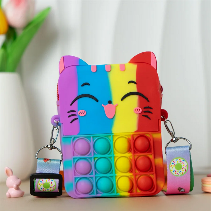 Yellow cat silicone messenger coin pouch for children, a fun kids accessory.