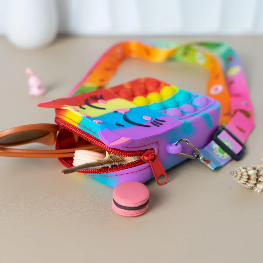 Purple cat silicone messenger bag, durable and cute for kids' coins.