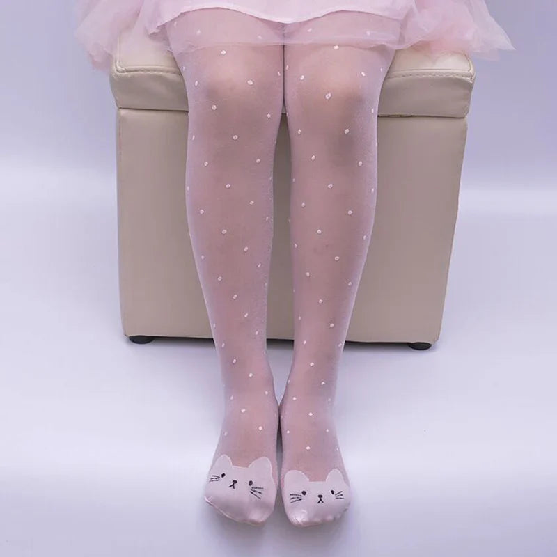 Adorable pink cat tights for girls, comfortable and stretchy, perfect for toddlers aged 1-9Y