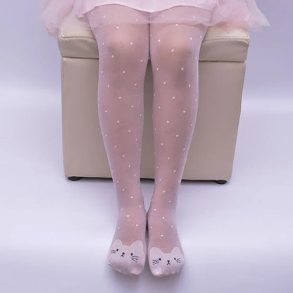 Adorable pink cat tights for girls, comfortable and stretchy, perfect for toddlers aged 1-9Y